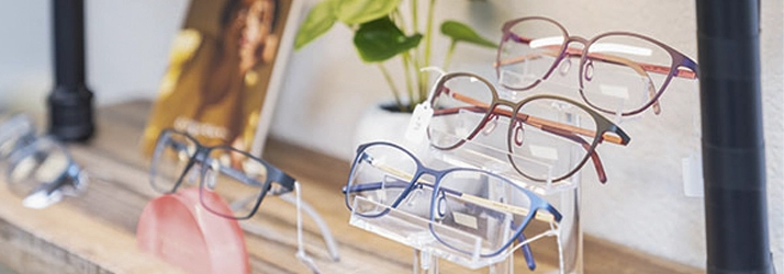A close-up of a wooden shelf showcasing multiple eyeglass frames in various styles and colors, complemented by decorative greenery.